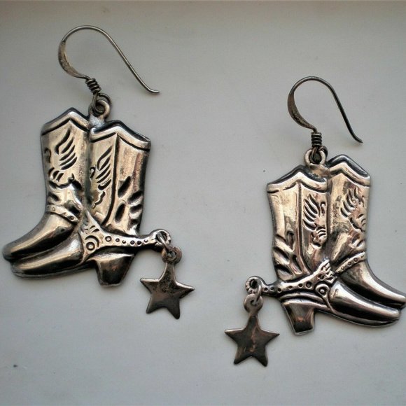 Designer Sterling Silver 925 Western Cowgirl Boot Boots Dangle Drop Earrings - Picture 1 of 4